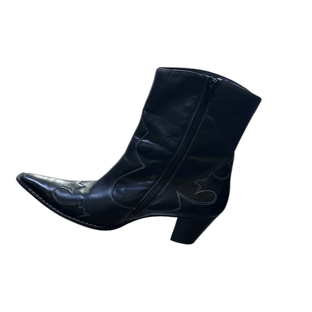 VINTAGE PAUL GREEN Western Cowgirl Cowboy Black Leather Pointed Toe Ankle Boots - Picture 12 of 16